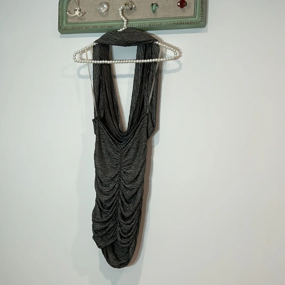 Plunging v neck rouched mini dress small metallic grey sexy lil halter dress